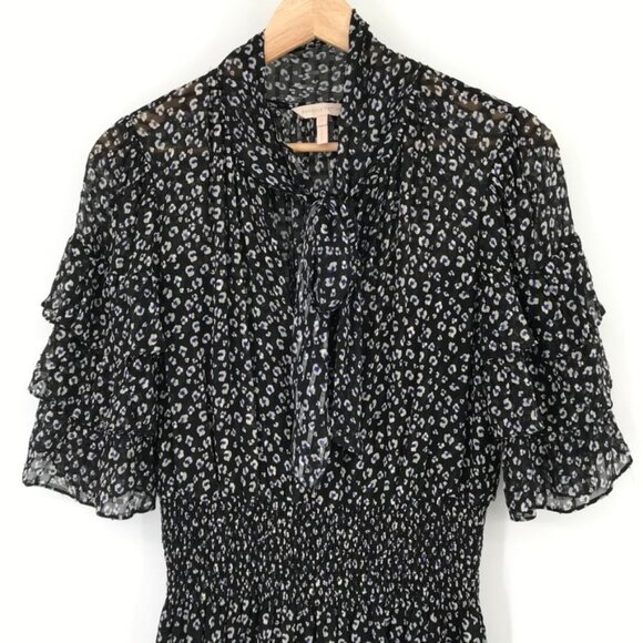 Rebecca Taylor Black  animal print Short Sleeve Dress Ruffle  silk blend size 6 - Picture 12 of 16
